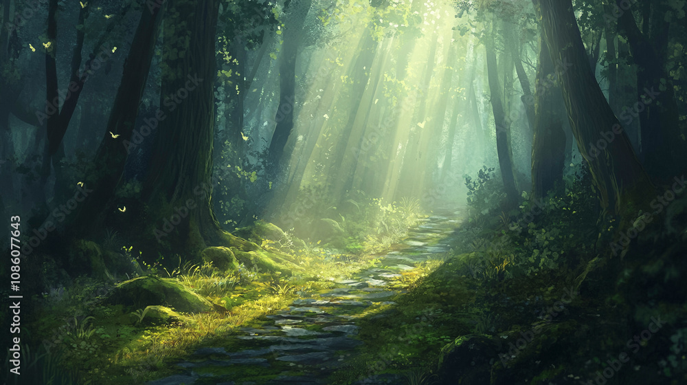 Obraz premium Forest Pathway with Sunlight Beams