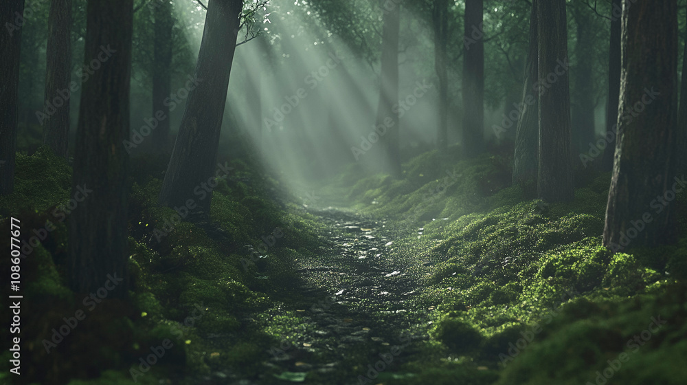 Obraz premium Forest Pathway with Sunlight Beams