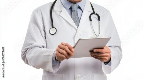 A doctor dressed in a white coat focuses on a tablet, reviewing important patient information in a clinical environment while assisting patients. Generative AI