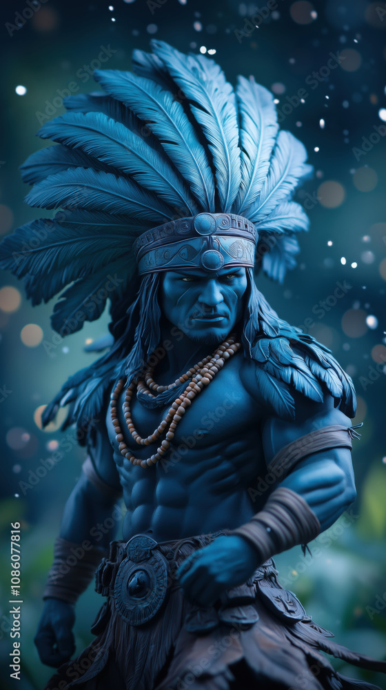 Fototapeta premium A powerful depiction of a warrior adorned with intricate blue feathers, beads, and tribal attire, standing amidst an atmospheric background with glowing particles