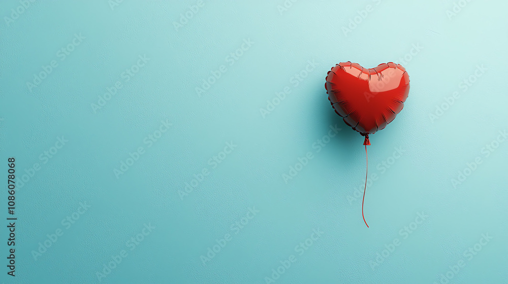 A vibrant red heart-shaped balloon floating against a soothing light blue background in a cheerful and dreamy atmosphere A vibrant red heart-shaped balloon floating against a soothing light blue background in a cheerful and dreamy atmosphere
