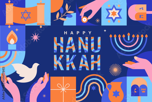 Happy Hanukkah greeting card with symbols of Jewish holiday. Template for banner, flyer with Torah, menorah candles, wooden dreidels, oil jar, star David and place for your text. Vector illustration.