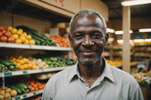 Close portrait of a smiling senior Malian male grocer standing and looking at the camera, Malian grocery store blurred background