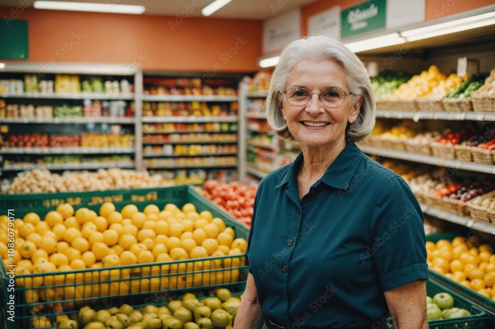 Close portrait of a smiling senior Maltese female grocer standing and looking at the camera, Maltese grocery store blurred background Close portrait of a smiling senior Maltese female grocer standing and looking at the camera, Maltese grocery store blurred background