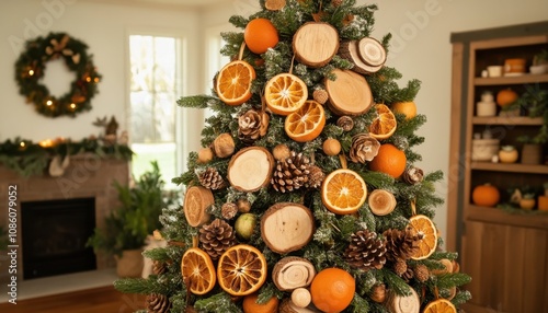 A Christmas tree decorated with wooden ornaments and dried fruit, an eco-friendly approach to Christmas decorations. The tree is adorned with a variety of natural elements