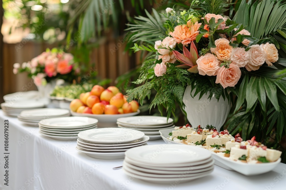 Buffet table setup with clean white serving plates Buffet table setup with clean white serving plates