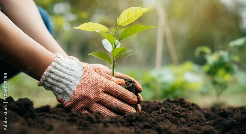 Fototapeta premium Eco-Friendly Gardening, Hands Planting a Tree in a Green Space