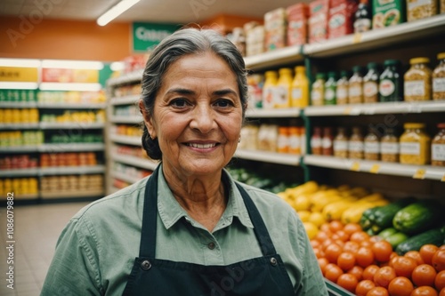 Close portrait of a smiling senior Mexican female grocer standing and looking at the camera, Mexican grocery store blurred background