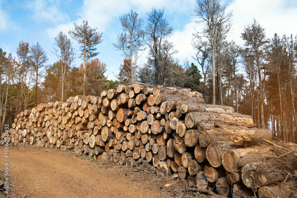 Freshly Cut Trees Stacked for Logging in a Natural Landscape . Freshly Cut Trees Stacked for Logging in a Natural Landscape .