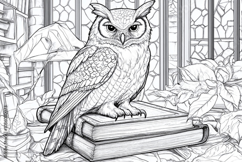 Coloring page of wise owl perched on ancient tome, line art. photo