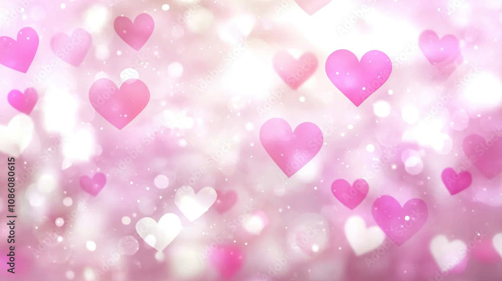 Valentine's Day background, Numerous pink and white hearts drift gently on a soft pink backdrop, illuminated by subtle sparkles creating a whimsical and tender ambiance Valentine's Day background, Numerous pink and white hearts drift gently on a soft pink backdrop, illuminated by subtle sparkles creating a whimsical and tender ambiance