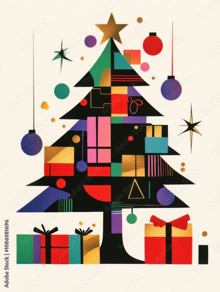 A simple children's risograph print, featuring a Christmas tree with wrapped gifts, abstract geometric shapes and lines, and a limited color palette of red, green, gold, black, blue, and purple A simple children's risograph print, featuring a Christmas tree with wrapped gifts, abstract geometric shapes and lines, and a limited color palette of red, green, gold, black, blue, and purple