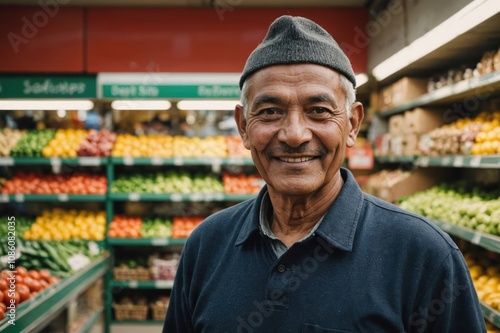 Close portrait of a smiling senior Nepalese male grocer standing and looking at the camera, Nepalese grocery store blurred background