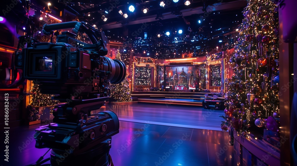 Television studio with bright New Year's decoration. In the foreground there is a camera aimed at the scene, where a decorated New Year's tree with lights and garlands can be seen. Television studio with bright New Year's decoration. In the foreground there is a camera aimed at the scene, where a decorated New Year's tree with lights and garlands can be seen.