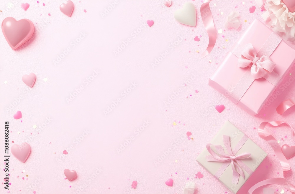 banner template design with symbols of hearts, gift boxes, confetti, and ribbon in a pink color background, top view. Creative concept composition, minimalism, space for text banner template design with symbols of hearts, gift boxes, confetti, and ribbon in a pink color background, top view. Creative concept composition, minimalism, space for text