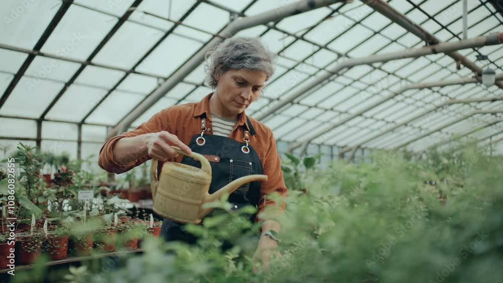 Grey-haired woman in apron watering potted plants in spacious greenhouse with glass roof, nurturing growth of flowers Grey-haired woman in apron watering potted plants in spacious greenhouse with glass roof, nurturing growth of flowers