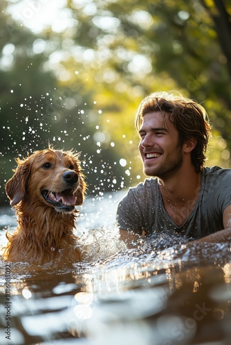 Joyful summer moment of man and dog swimming in sunlit water