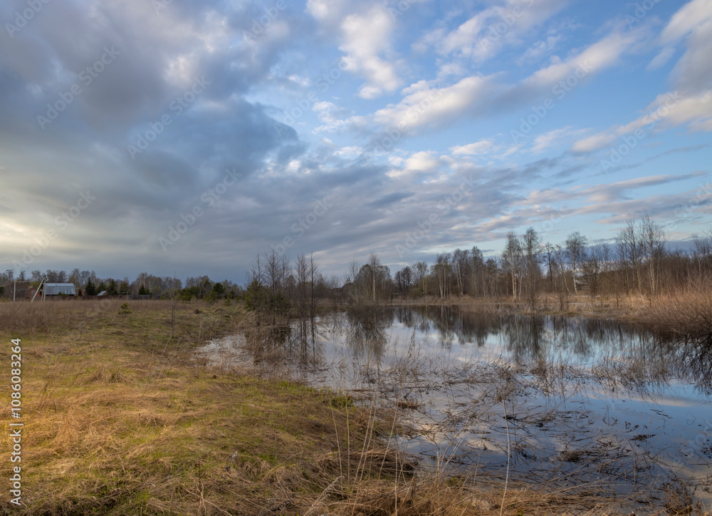 Field with a pond and a house in the background Field with a pond and a house in the background