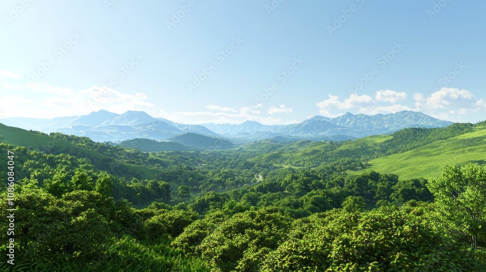 Serene Cambrian Landscape - 3D Render of Lush Green Hills and Distant Mountains Bathed in Natural Light Serene Cambrian Landscape - 3D Render of Lush Green Hills and Distant Mountains Bathed in Natural Light