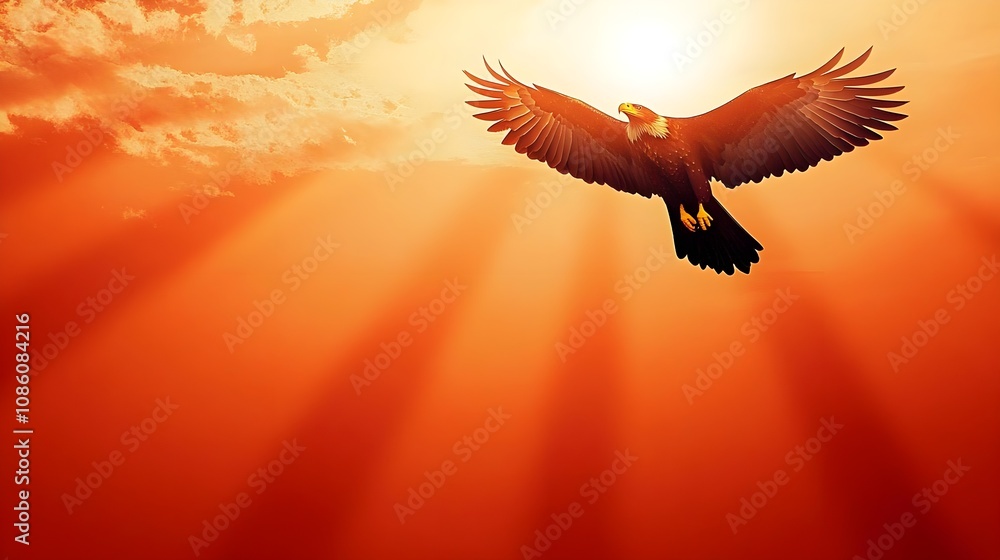 Obraz premium Majestic Eagle Soaring High Against a Dramatic Sunset Sky with Glorious Sun Rays and Vibrant Orange and Yellow Hue Casting a Warm Glow Over the Landscape