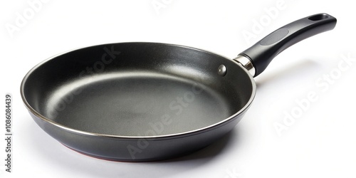 Black frying pan with non stick teflon coating isolated on white background