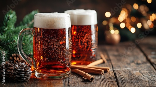 Warm Holiday Cheer: Festive Beer Scene with Cinnamon and Pinecones