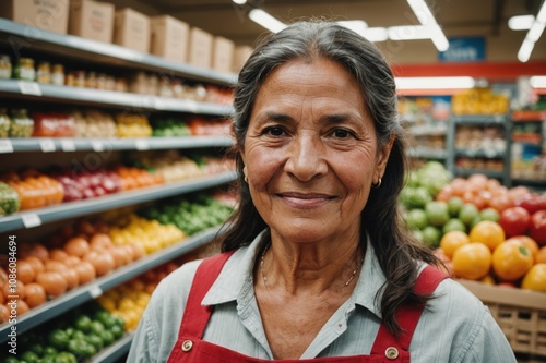 Close portrait of a smiling senior Peruvian female grocer standing and looking at the camera, Peruvian grocery store blurred background