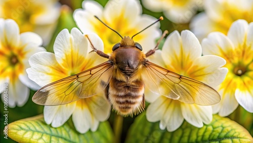 Close up of a large bee fly (Bombylius major) resting on a primrose flower photo