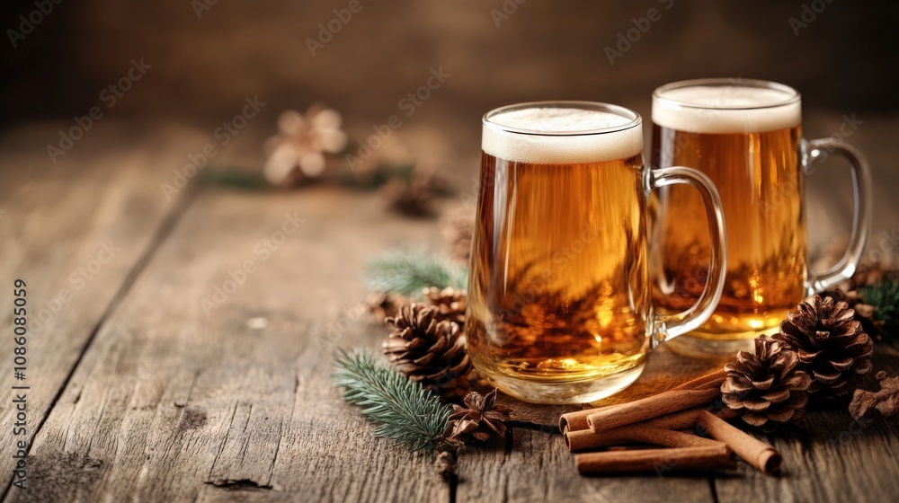 Warm Holiday Drinks: Beer in Rustic Setting with Pine Cones and Cinnamon Warm Holiday Drinks: Beer in Rustic Setting with Pine Cones and Cinnamon