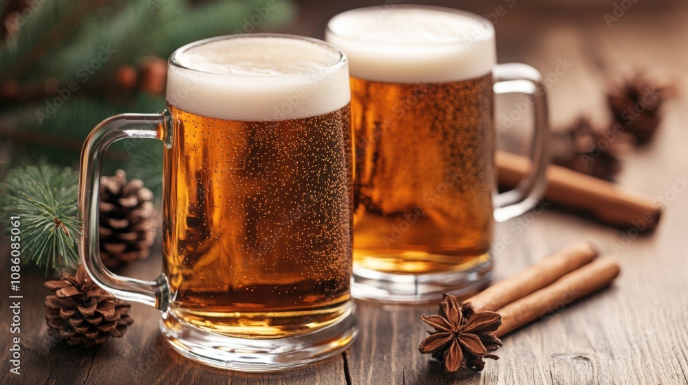 Festive Beer Mugs with Cinnamon and Pine Cones for Holiday Cheer Festive Beer Mugs with Cinnamon and Pine Cones for Holiday Cheer
