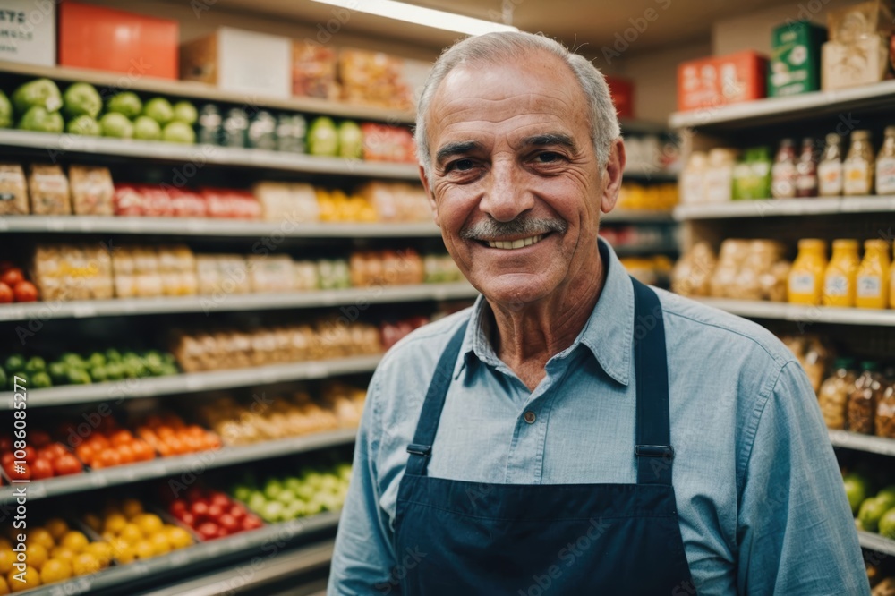 Close portrait of a smiling senior Portuguese male grocer standing and looking at the camera, Portuguese grocery store blurred background Close portrait of a smiling senior Portuguese male grocer standing and looking at the camera, Portuguese grocery store blurred background