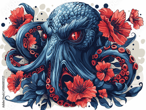 Octopus with red flowers. Hand-drawn illustration Vector