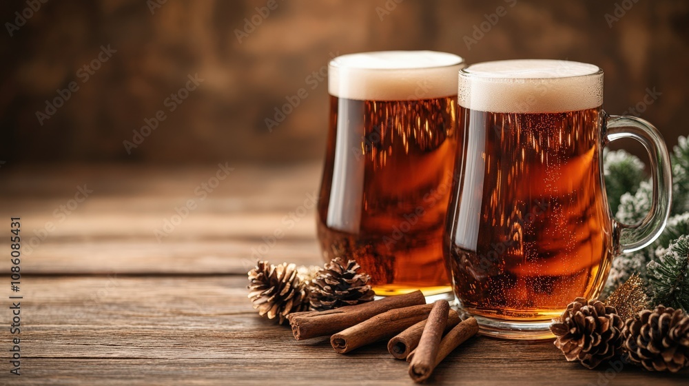 Fototapeta premium Warm Holiday Cheers: Beer Mugs with Cinnamon and Pinecones