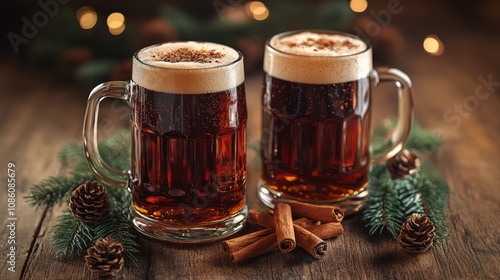 Cozy Holiday Beverages: Beer Mugs Surrounded by Pine and Spices