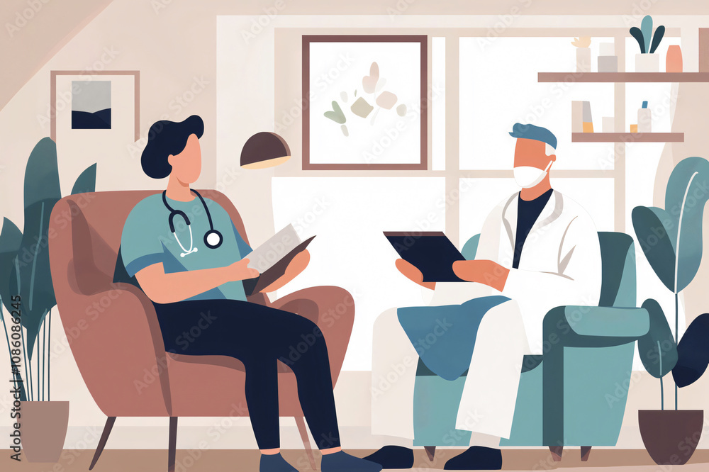 Doctor and a nurse are having a professional conversation about a patient's medical chart during a home visit Doctor and a nurse are having a professional conversation about a patient's medical chart during a home visit
