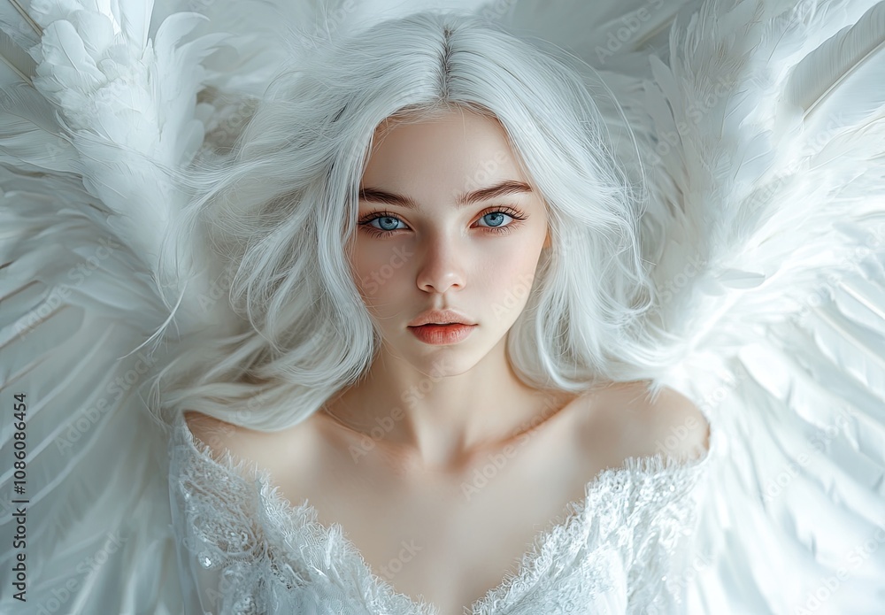 A beautiful angel with white hair and large wings, wearing an all-white dress A beautiful angel with white hair and large wings, wearing an all-white dress