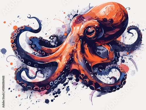 Octopus. Grunge watercolor background. Vector illustration