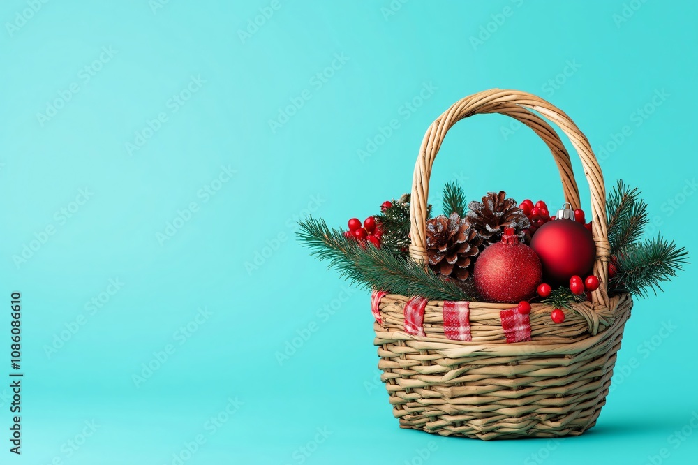 Christmas wicker basket full of pine branches, red baubles and pine cones standing on a turquoise background with copy space Christmas wicker basket full of pine branches, red baubles and pine cones standing on a turquoise background with copy space