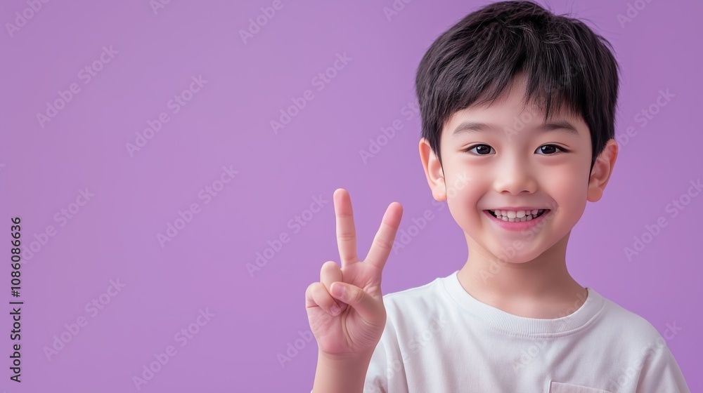 Young boy is smiling and holding up three fingers, which is a peace sign. The image has a happy and positive mood, conveying a sense of peace and harmony Young boy is smiling and holding up three fingers, which is a peace sign. The image has a happy and positive mood, conveying a sense of peace and harmony