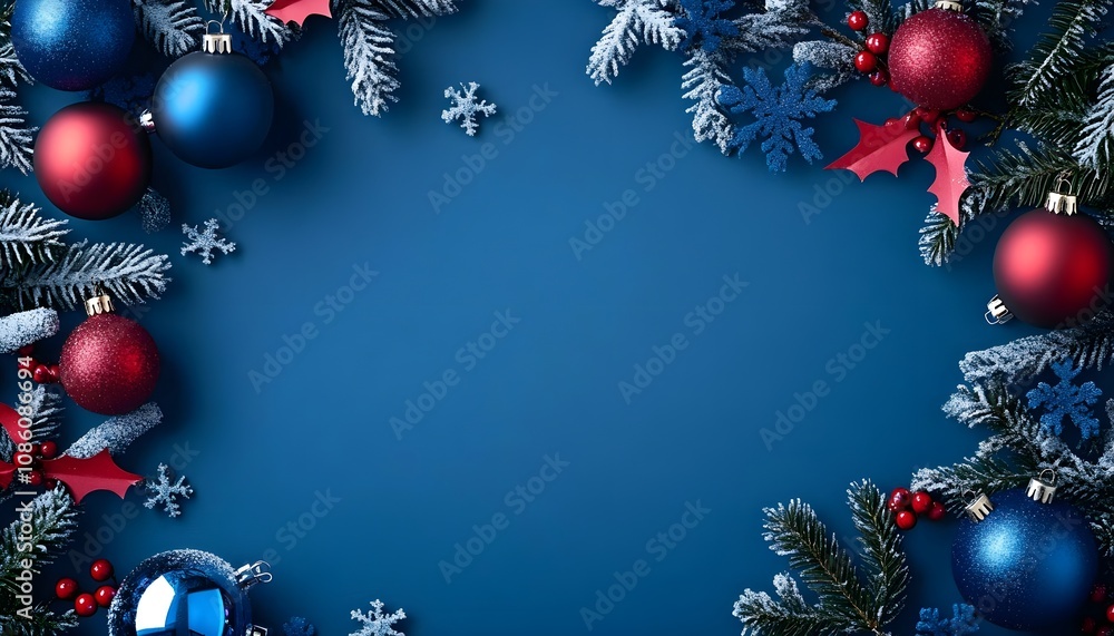 Elegant and Festive Christmas Decoration Background Featuring Ornaments, Pine Cones, Holly Leaves, and a Vibrant Blue Backdrop Perfect for Holiday-Themed Designs Elegant and Festive Christmas Decoration Background Featuring Ornaments, Pine Cones, Holly Leaves, and a Vibrant Blue Backdrop Perfect for Holiday-Themed Designs