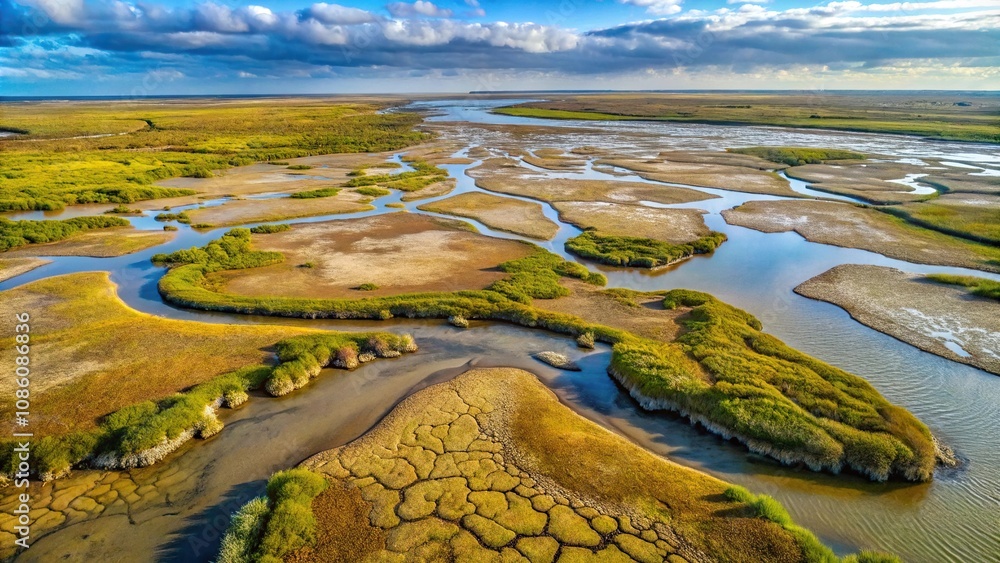 Damaged vegetation at a tidal saltmarsh due to cattle grazing and trampling high angle view Damaged vegetation at a tidal saltmarsh due to cattle grazing and trampling high angle view