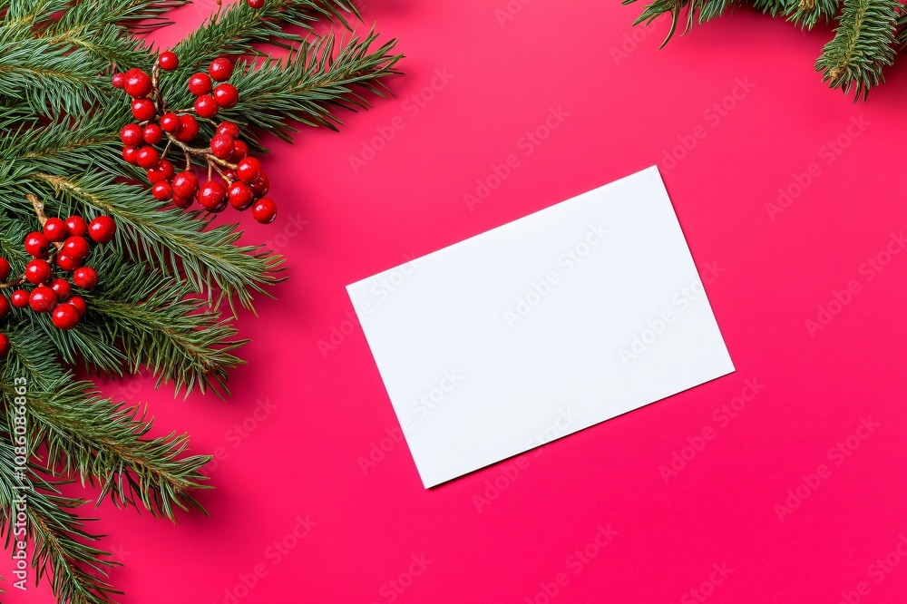 Christmas greeting card lying on a pink surface with fir branches and berries for decoration Christmas greeting card lying on a pink surface with fir branches and berries for decoration