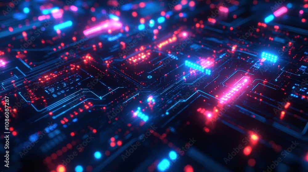 Abstract Circuit Board with Glowing Red and Blue Lines Abstract Circuit Board with Glowing Red and Blue Lines