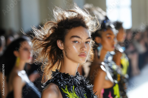 Models with striking hairstyles in eye-catching outfits highlight trends in a chic and dynamic fashion showcase, captivating attendees with their boldness and creativity. photo