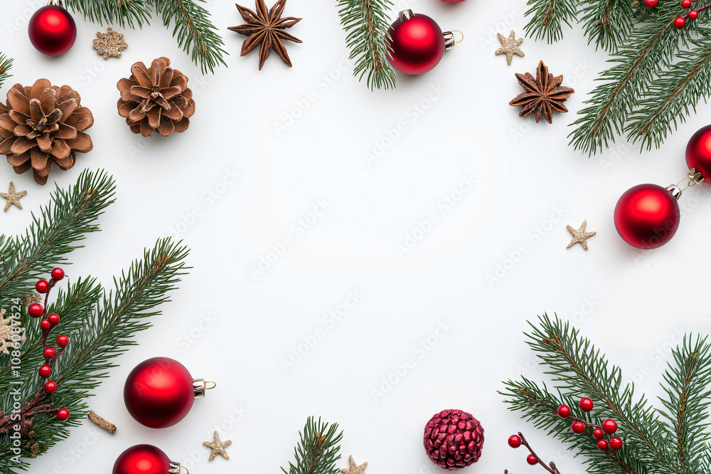 Christmas decoration border made of fir branches, red balls and pine cones framing white background Christmas decoration border made of fir branches, red balls and pine cones framing white background