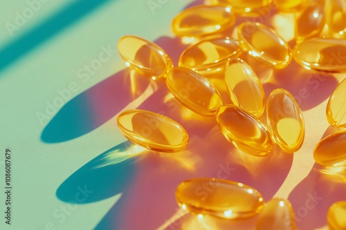 Close up of omega 3 capsules casting shadows on a colorful background, evoking a sense of health and well being photo