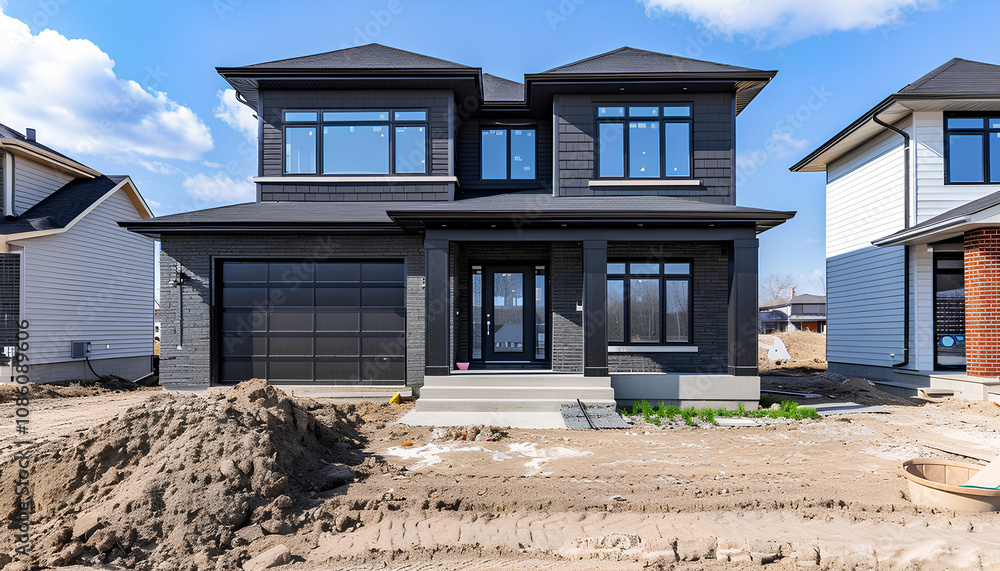 Front view of new house. Modern cottage Houses in suburb. Moving In