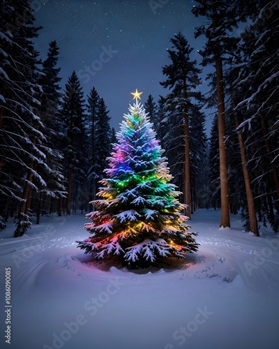 Christmas Tree On Snow In Night With Shiny Star In Snowy Forest - Winter forest tree Abstract Landscape at night