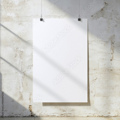 Frontal view of a white, unprinted sheet of paper hanging on a light gray concrete wall in a sunlit room photo