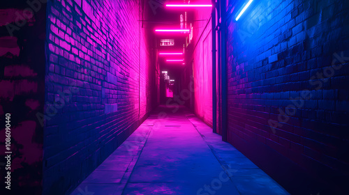 Pink and blue neon lights on a city alley neo noir pink and blue style city street cyberpunk style dark alley with pink and blue gradient neon lights generative ai. Neon Noir. Illustration photo